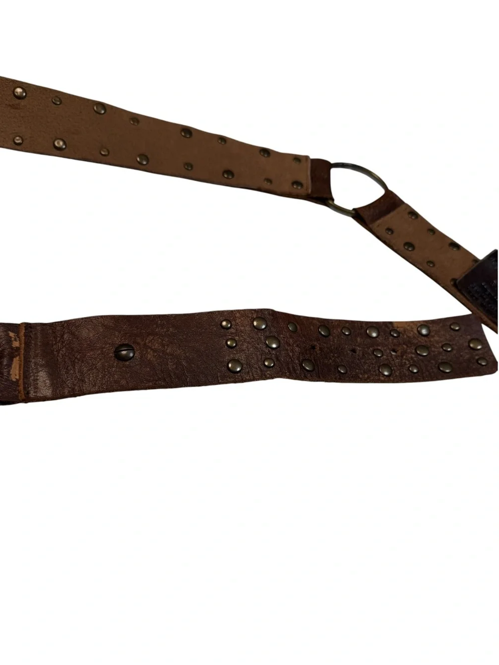 Betsey Johnson Gold Sequin Embroidery Studded Brown Leather Brass Rings Belt M